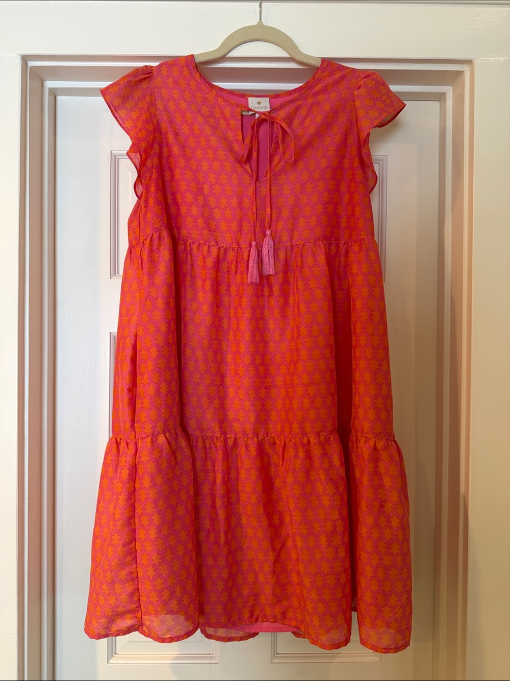 J. Marie Ella Tiered Flutter Sleeve Mini Dress with Pockets and Tassels in Pink
